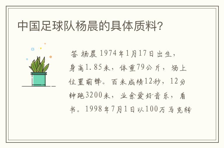 中国足球队杨晨的具体质料?