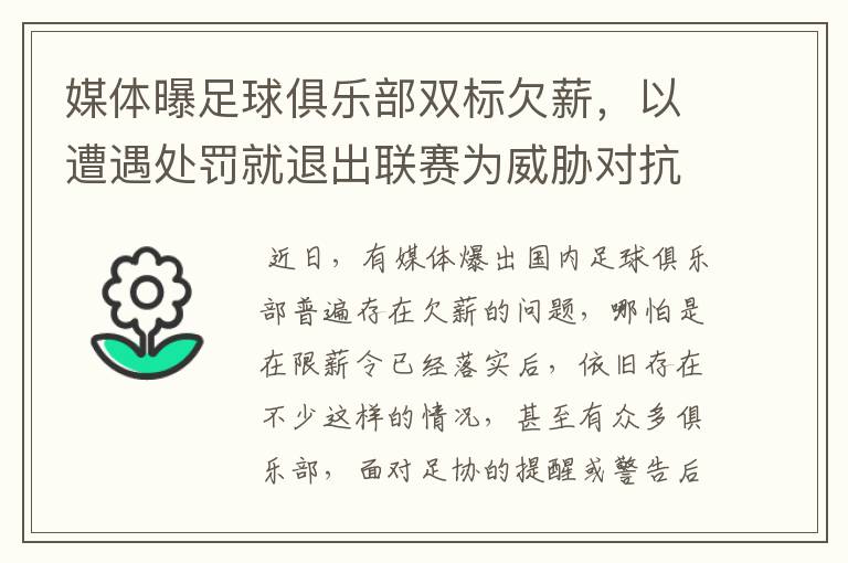 媒体曝足球俱乐部双标欠薪,以遭遇处罚就退出联赛为威胁对抗足协-