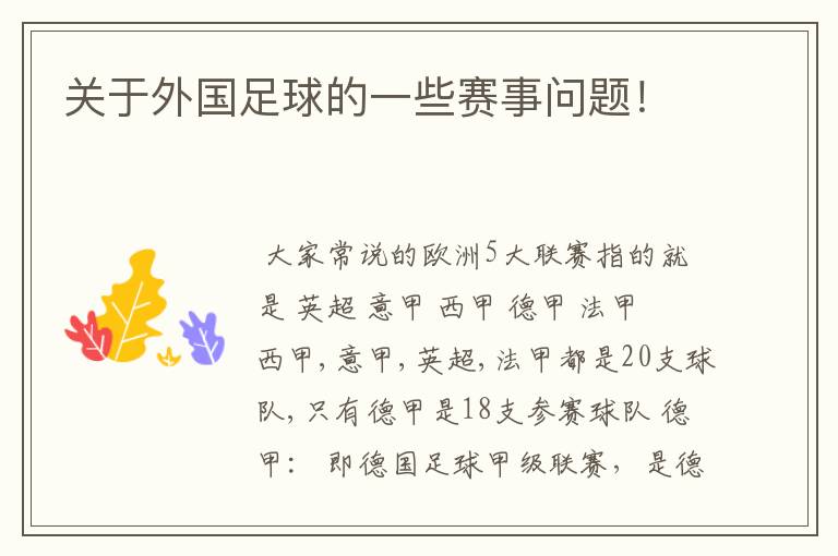 关于外国足球的一些赛事问题!
