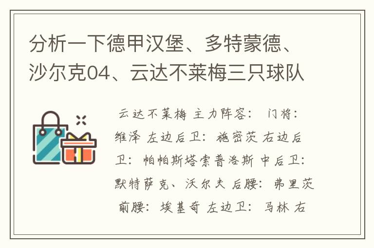 分析一下德甲汉堡、多特蒙德、沙尔克04、云达不莱梅三只球队的人员打法和阵型