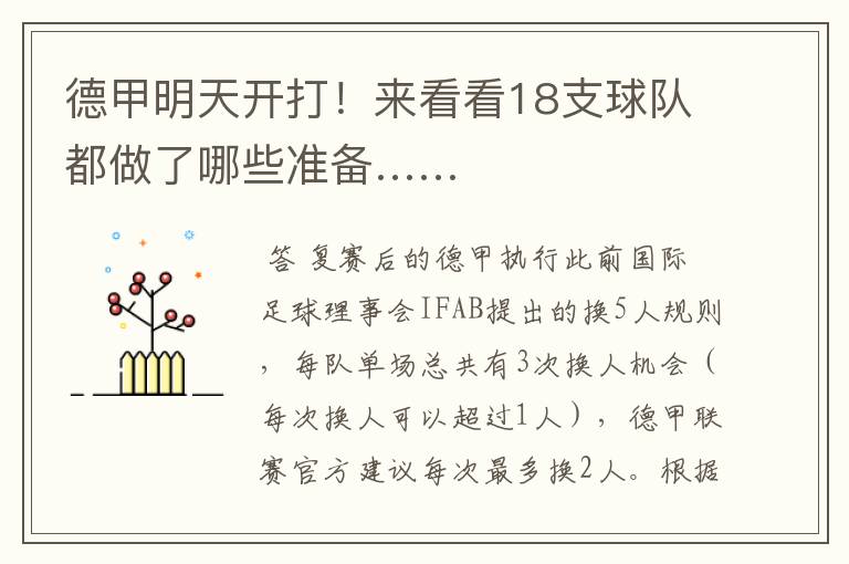 德甲明天开打!来看看18支球队都做了哪些准备……