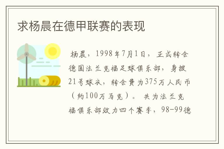 求杨晨在德甲联赛的表现