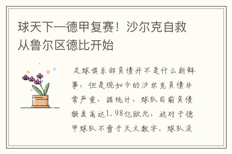 球天下—德甲复赛!沙尔克自救从鲁尔区德比开始