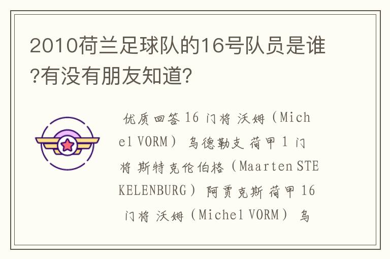 2010荷兰足球队的16号队员是谁?有没有朋友知道?