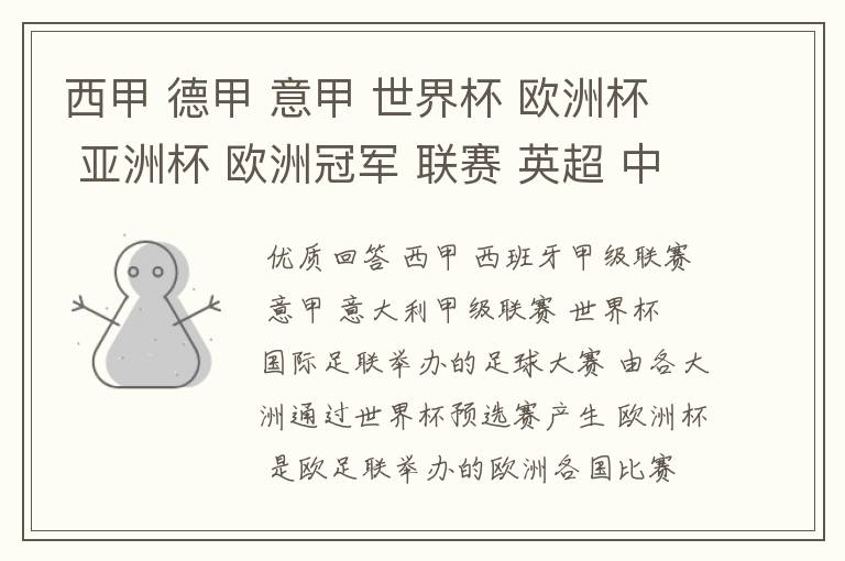 西甲 德甲 意甲 世界杯 欧洲杯 亚洲杯 欧洲冠军 联赛 英超 中超 分别是什么意思啊?