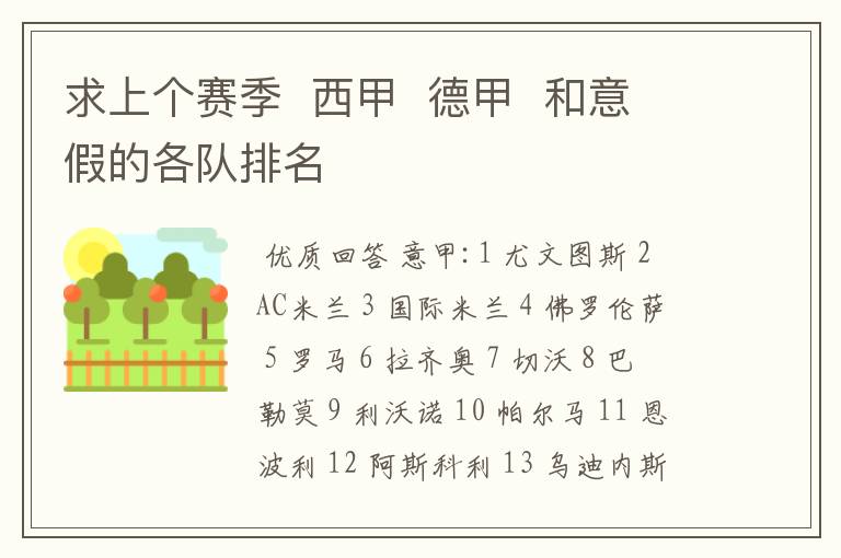 求上个赛季 西甲 德甲 和意假的各队排名