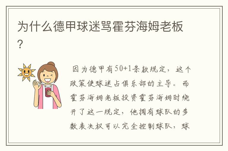 为什么德甲球迷骂霍芬海姆老板?