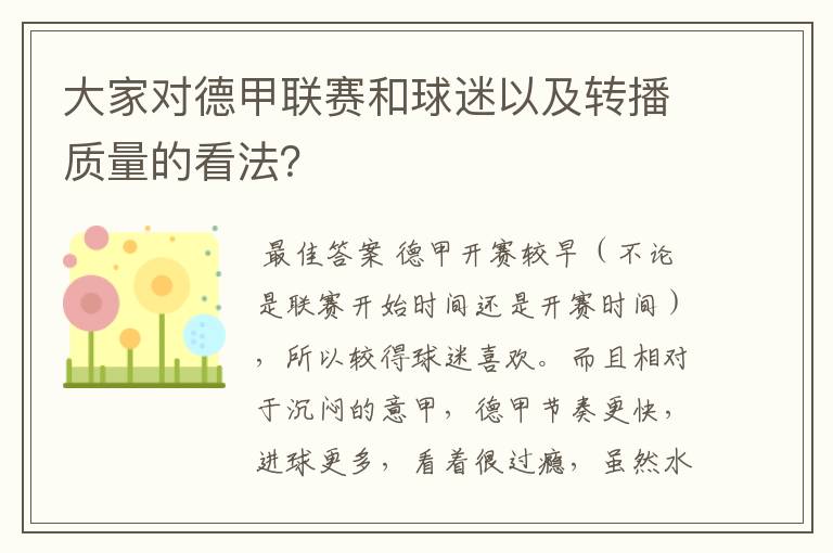 大家对德甲联赛和球迷以及转播质量的看法?