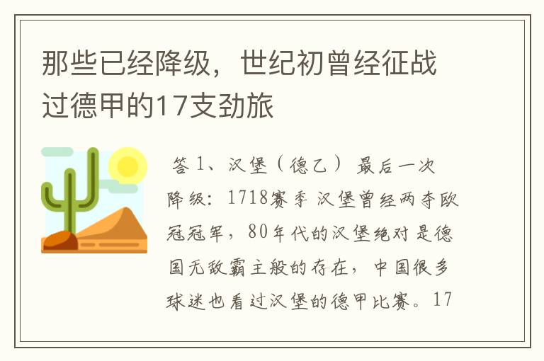 那些已经降级,世纪初曾经征战过德甲的17支劲旅