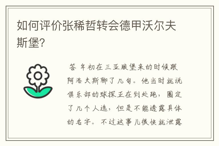 如何评价张稀哲转会德甲沃尔夫斯堡?
