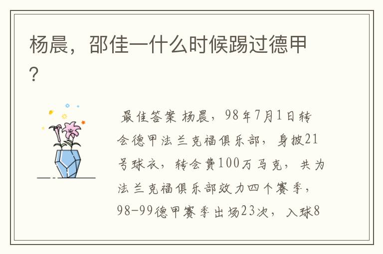 杨晨,邵佳一什么时候踢过德甲?