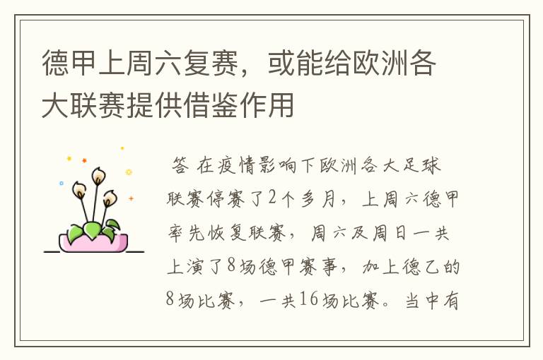 德甲上周六复赛,或能给欧洲各大联赛提供借鉴作用