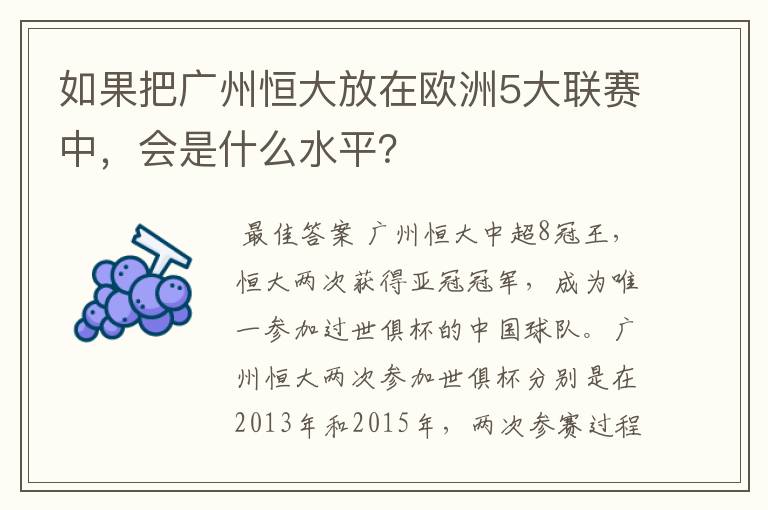 如果把广州恒大放在欧洲5大联赛中,会是什么水平?