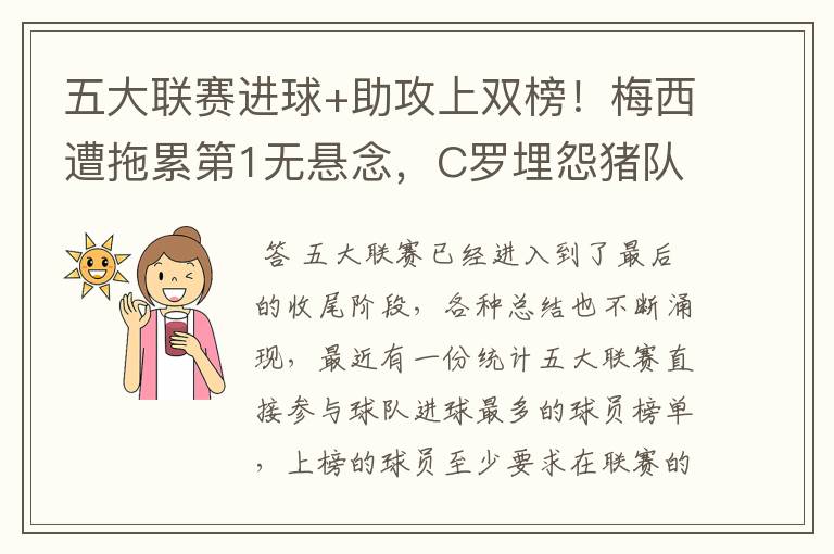 五大联赛进球+助攻上双榜!梅西遭拖累第1无悬念,C罗埋怨猪队友