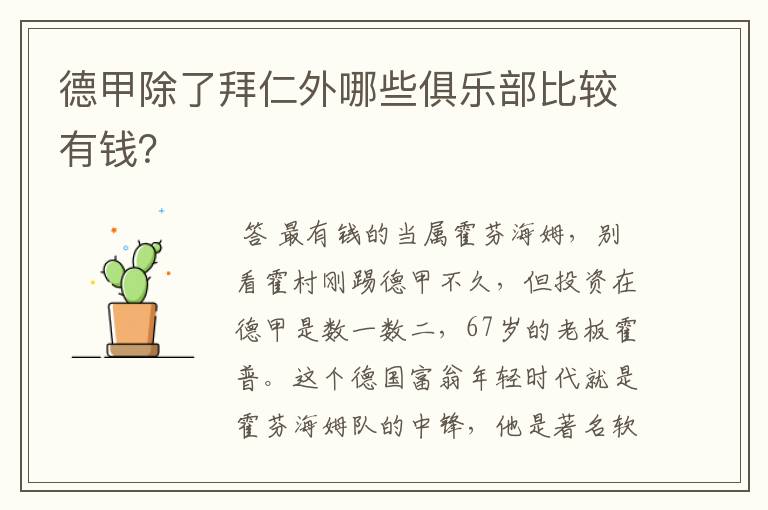 德甲除了拜仁外哪些俱乐部比较有钱?