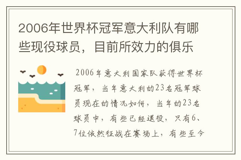 2006年世界杯冠军意大利队有哪些现役球员,目前所效力的俱乐部。