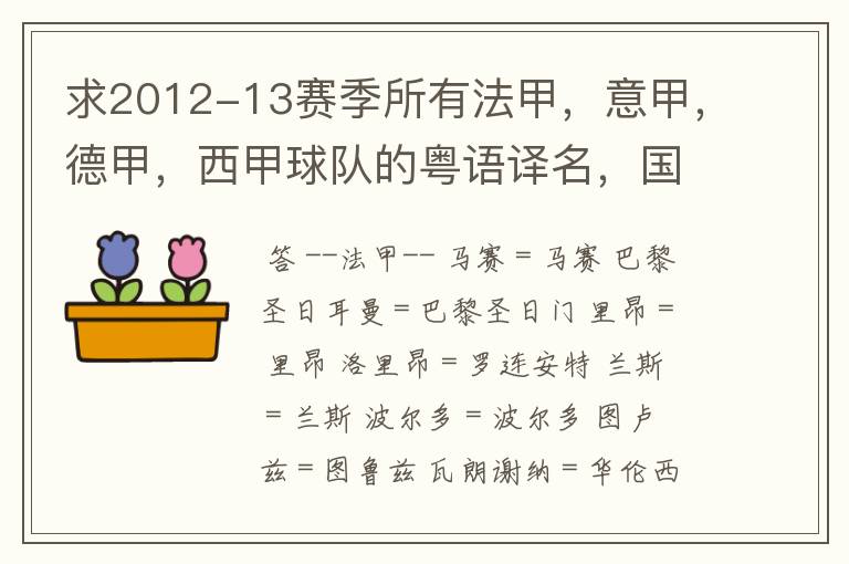 求2012-13赛季所有法甲,意甲,德甲,西甲球队的粤语译名,国粤对照。