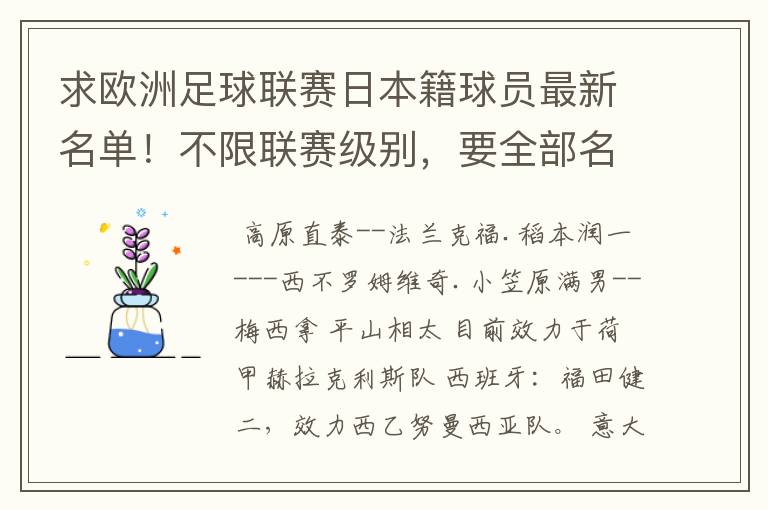 求欧洲足球联赛日本籍球员最新名单!不限联赛级别,要全部名单资料!多谢!