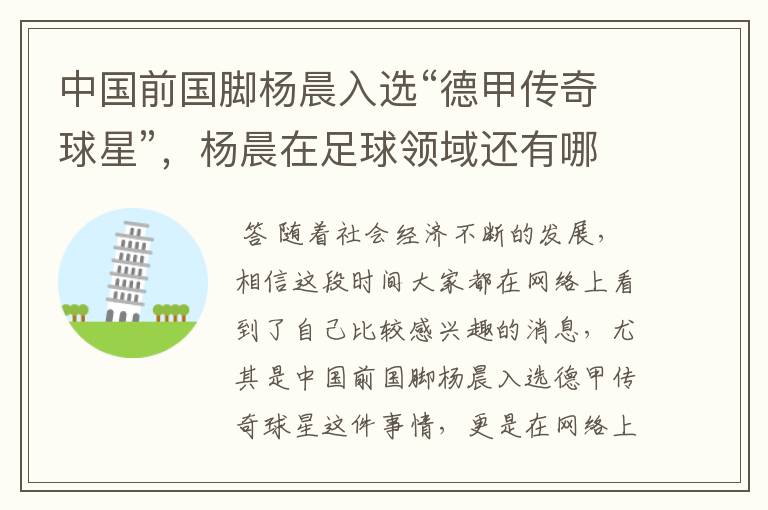 中国前国脚杨晨入选“德甲传奇球星”,杨晨在足球领域还有哪些成就?
