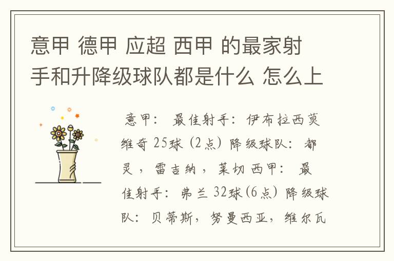 意甲 德甲 应超 西甲 的最家射手和升降级球队都是什么 怎么上来的