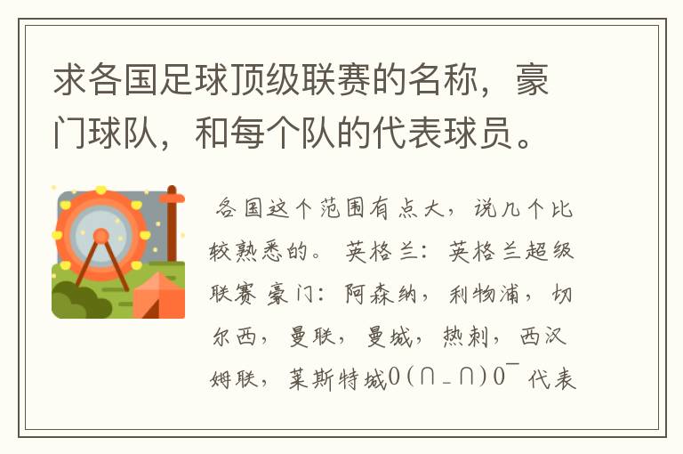 求各国足球顶级联赛的名称,豪门球队,和每个队的代表球员。
