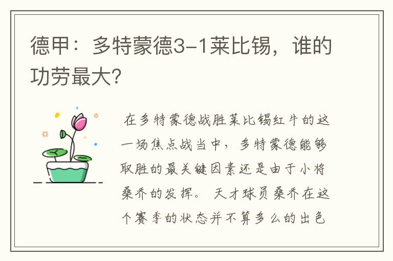 德甲:多特蒙德3-1莱比锡,谁的功劳最大?