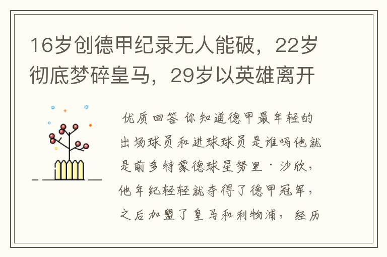16岁创德甲纪录无人能破,22岁彻底梦碎皇马,29岁以英雄离开多特