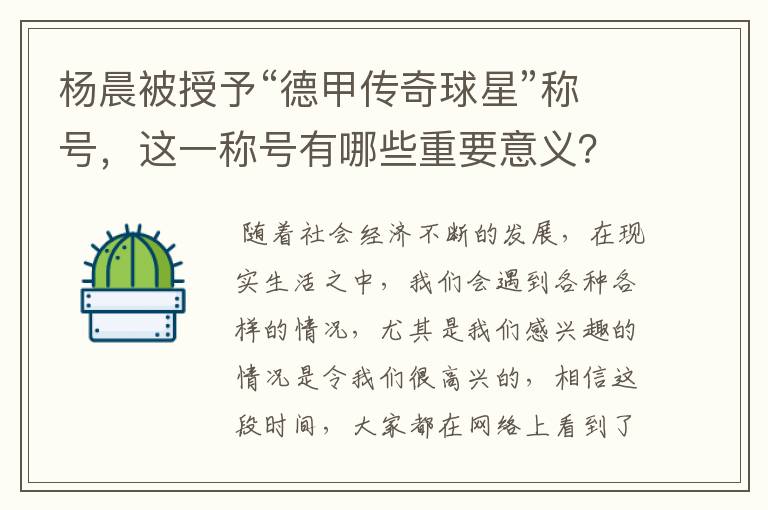 杨晨被授予“德甲传奇球星”称号,这一称号有哪些重要意义?