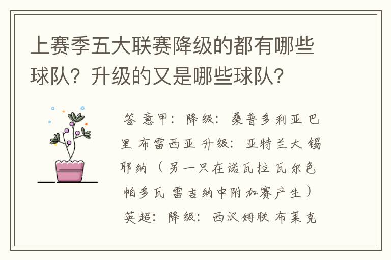 上赛季五大联赛降级的都有哪些球队?升级的又是哪些球队?