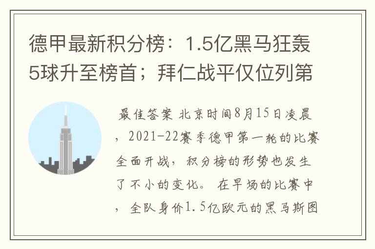 德甲最新积分榜:1.5亿黑马狂轰5球升至榜首;拜仁战平仅位列第7