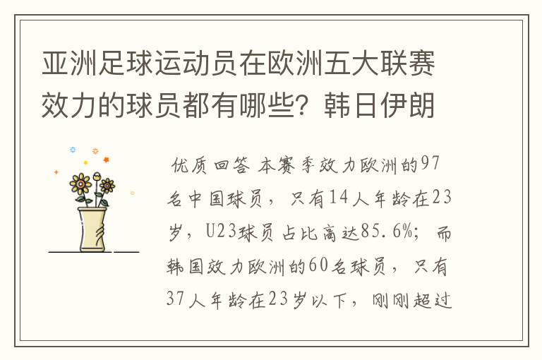 亚洲足球运动员在欧洲五大联赛效力的球员都有哪些?韩日伊朗 都是比较多吧!