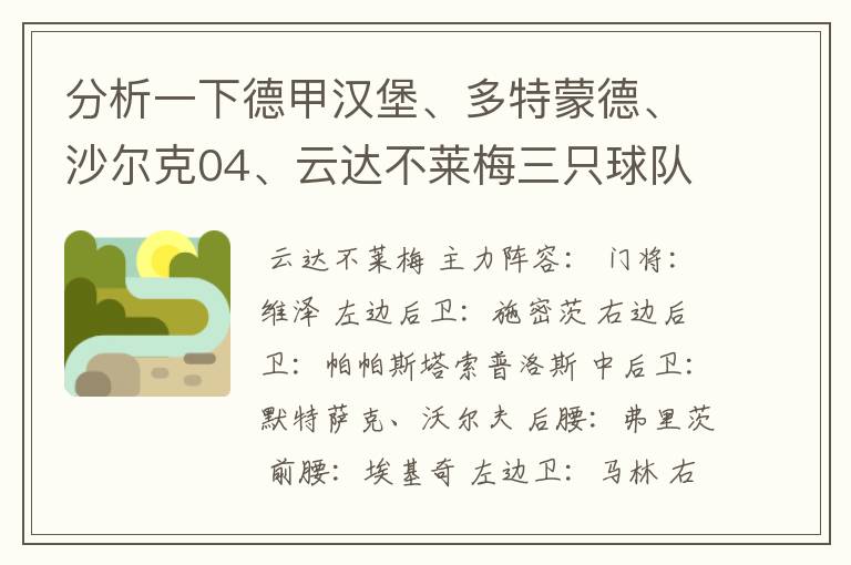 分析一下德甲汉堡、多特蒙德、沙尔克04、云达不莱梅三只球队的人员打法和阵型