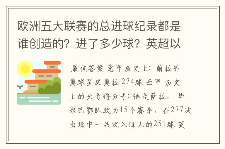 欧洲五大联赛的总进球纪录都是谁创造的?进了多少球?英超以前的英甲总进球纪录又是谁创造的?进了多少球