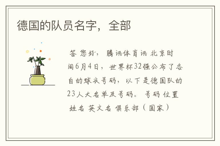 德国的队员名字,全部