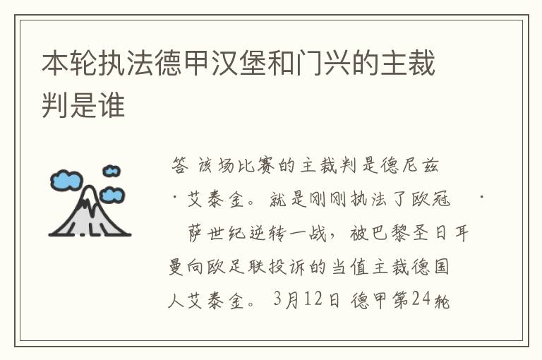 本轮执法德甲汉堡和门兴的主裁判是谁