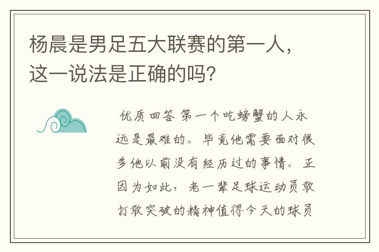 杨晨是男足五大联赛的第一人,这一说法是正确的吗?