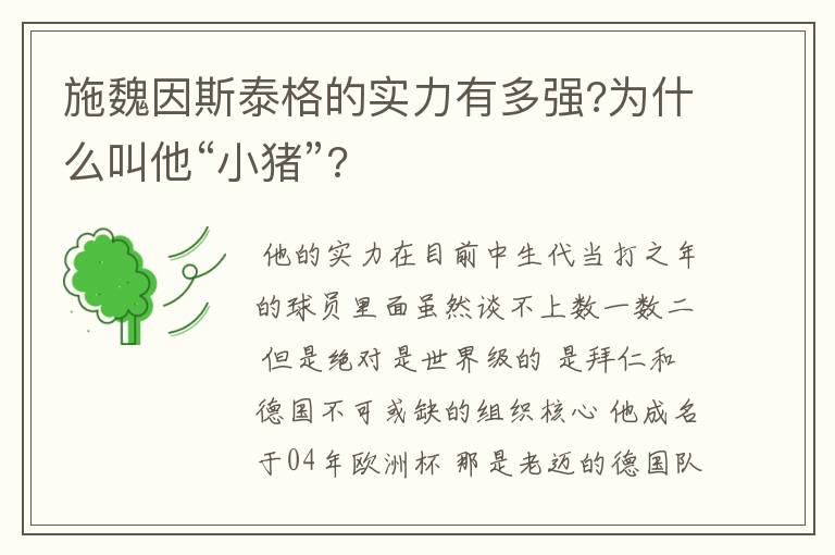 施魏因斯泰格的实力有多强?为什么叫他“小猪”?