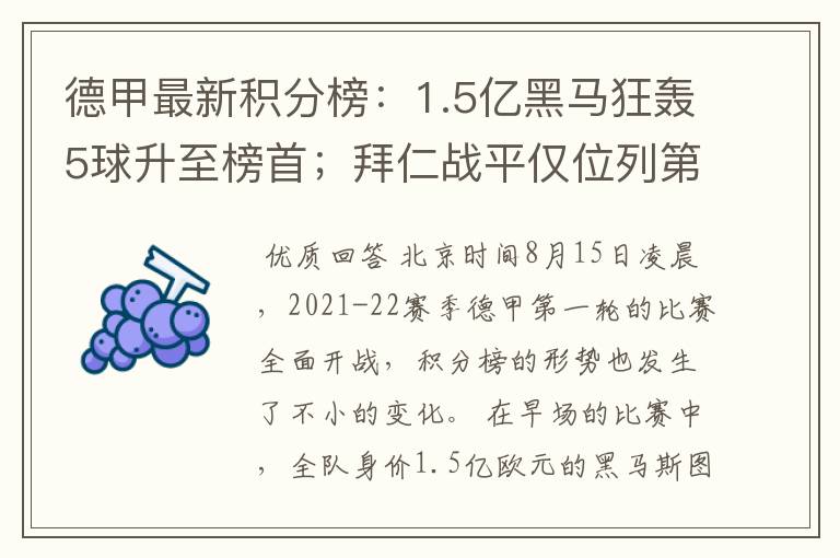 德甲最新积分榜:1.5亿黑马狂轰5球升至榜首;拜仁战平仅位列第7