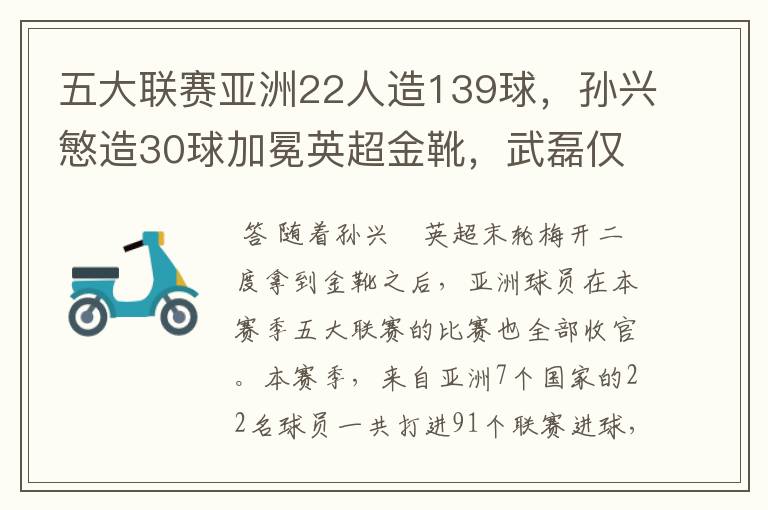 五大联赛亚洲22人造139球,孙兴慜造30球加冕英超金靴,武磊仅1球