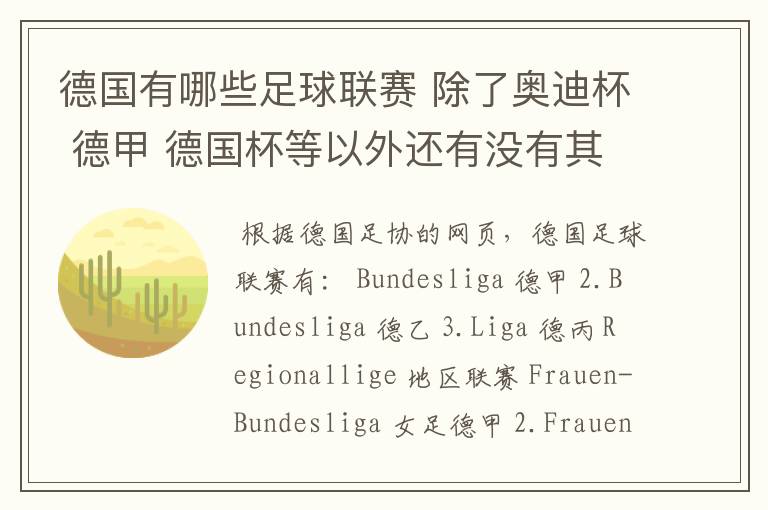 德国有哪些足球联赛 除了奥迪杯 德甲 德国杯等以外还有没有其他的?