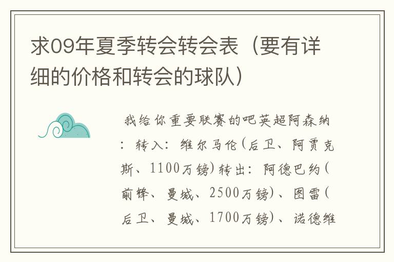 求09年夏季转会转会表(要有详细的价格和转会的球队)