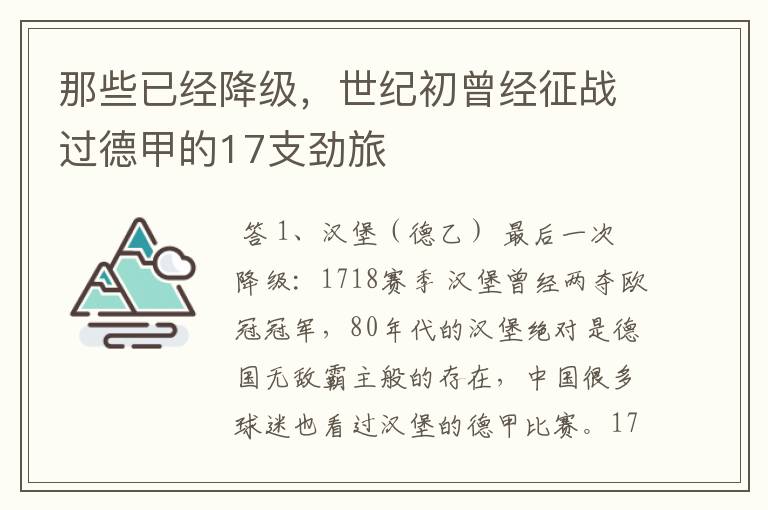 那些已经降级,世纪初曾经征战过德甲的17支劲旅