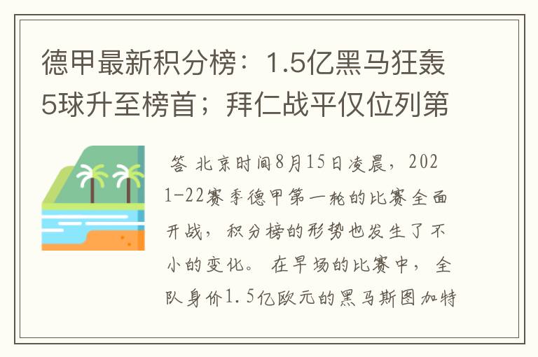 德甲最新积分榜:1.5亿黑马狂轰5球升至榜首;拜仁战平仅位列第7
