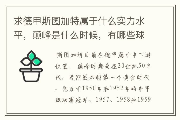 求德甲斯图加特属于什么实力水平,颠峰是什么时候,有哪些球星和走出有哪些球星