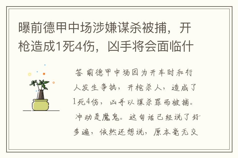 曝前德甲中场涉嫌谋杀被捕,开枪造成1死4伤,凶手将会面临什么处罚?