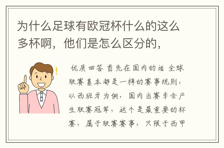 为什么足球有欧冠杯什么的这么多杯啊,他们是怎么区分的,