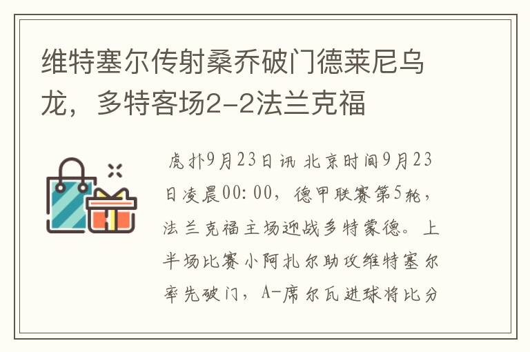 维特塞尔传射桑乔破门德莱尼乌龙,多特客场2-2法兰克福