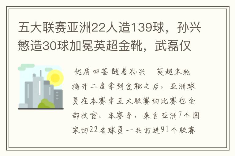 五大联赛亚洲22人造139球,孙兴慜造30球加冕英超金靴,武磊仅1球