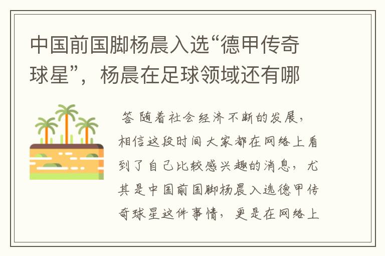 中国前国脚杨晨入选“德甲传奇球星”,杨晨在足球领域还有哪些成就?