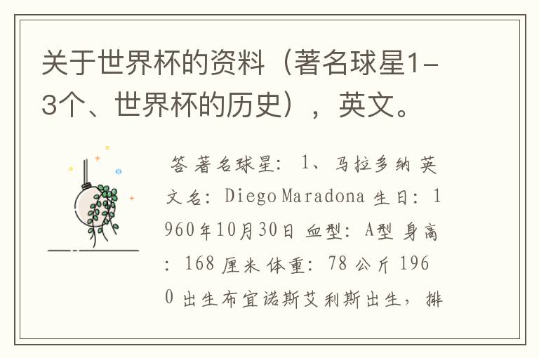 关于世界杯的资料(著名球星1-3个、世界杯的历史),英文。